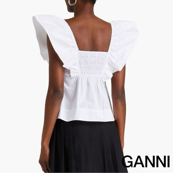 GANNI **NWT** Sleeveless Ruffle Cotton Poplin Blouse / Tank in Bright White - Picture 3 of 16